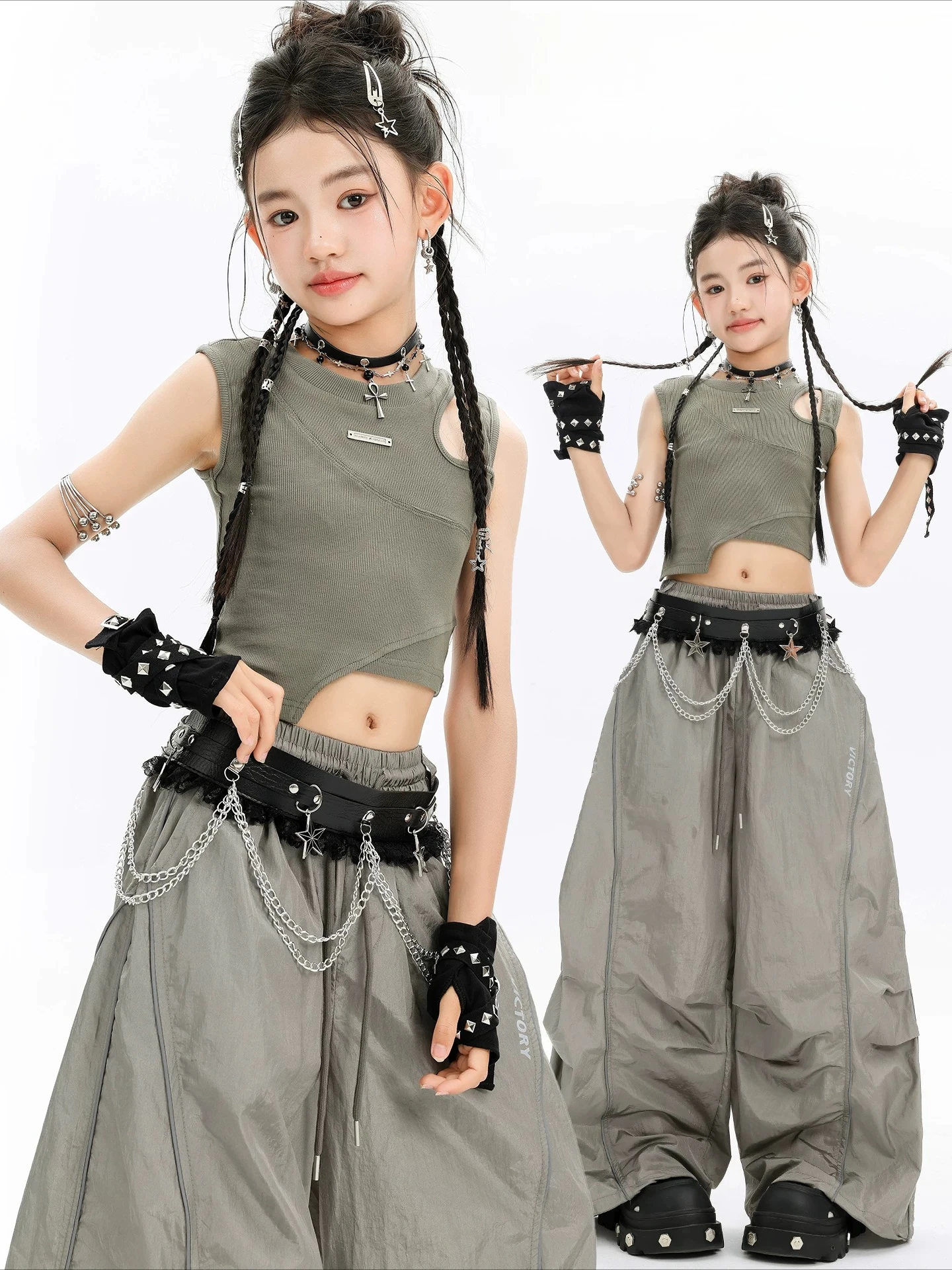 Kids Girls Cool Kpop Hip Hop Suit Sleeveless Vest Baggy Wide Leg Pants Summer Jazz Group Competition Stage Wear Set Heatwave