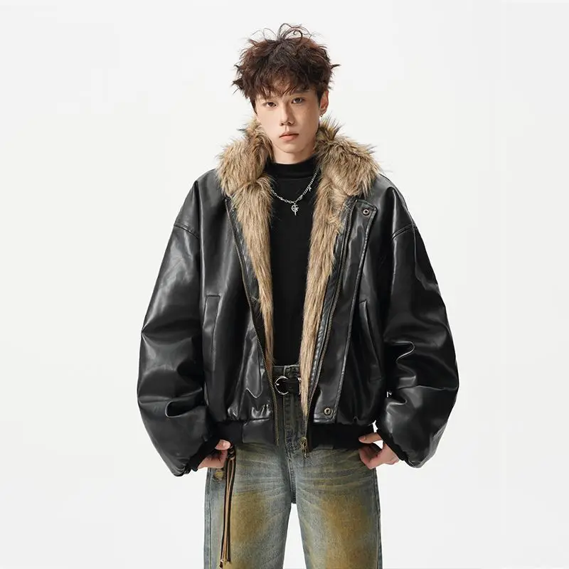 Men's Fashion High-end PU Leather Jacket Cotton Clothes Men's 2025 Winter New Velvet Hooded Zipper Thickened Fur Integrated Coat