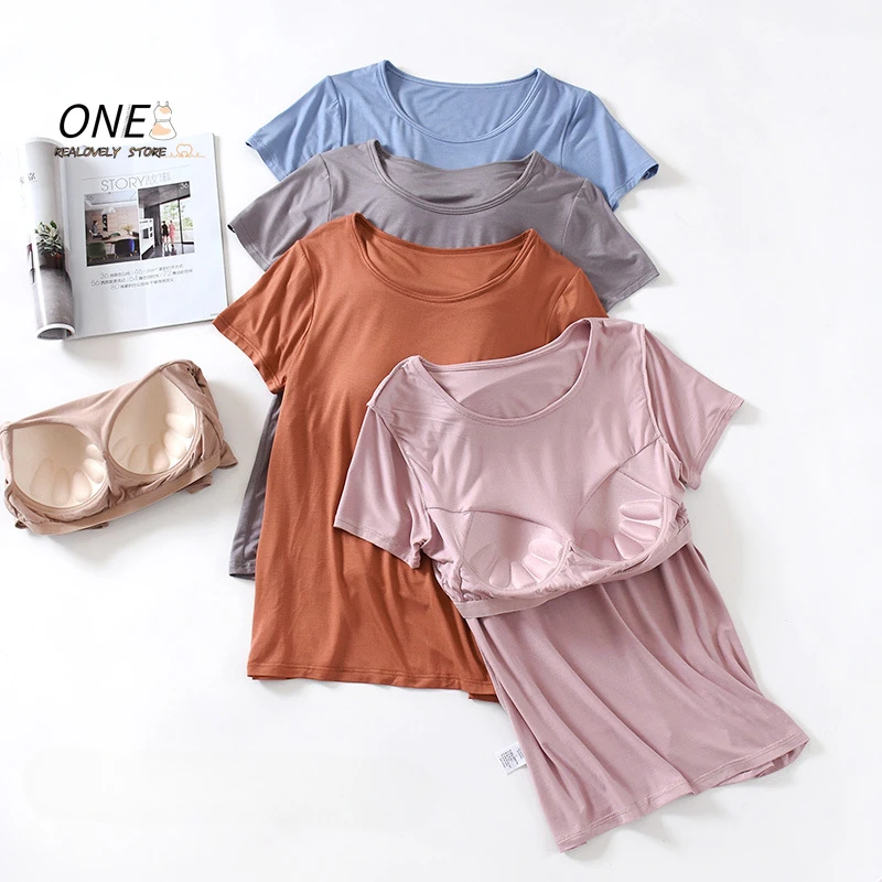 Women Solid Modal Nightdress With Chest Pad Comfort Short Sleeve Mid-Long Pajamas Casual Homewear Sleepwear With Built In Bra