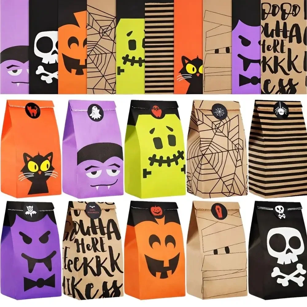 24‑72 Pcs Random Pattern Halloween Kraft Candy Bags Monster Pumpkin Skull Print Party Favor Pouches with Stickers