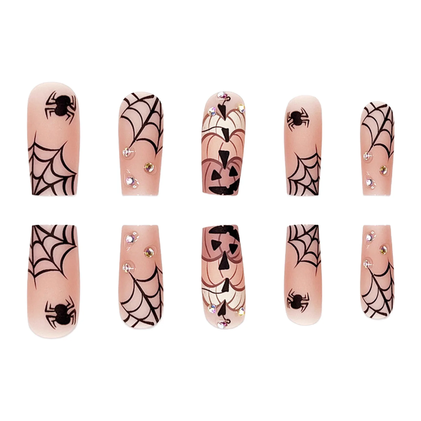 عارية اللون متوسطة طول نعش الأظافر كاذبة 24 قطعة أظافر الهالوين اضغط على شبكة العنكبوت اليقطين المصممين غطاء كامل وهمية مسمار الفن #6