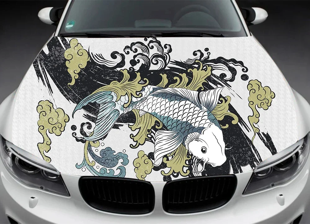 Japanese Abstract Fish Art Car Hood Decal, Sticker, Graphic, Wrap Decal, Truck Decal, Truck Graphic, Anime Bonnet Decal