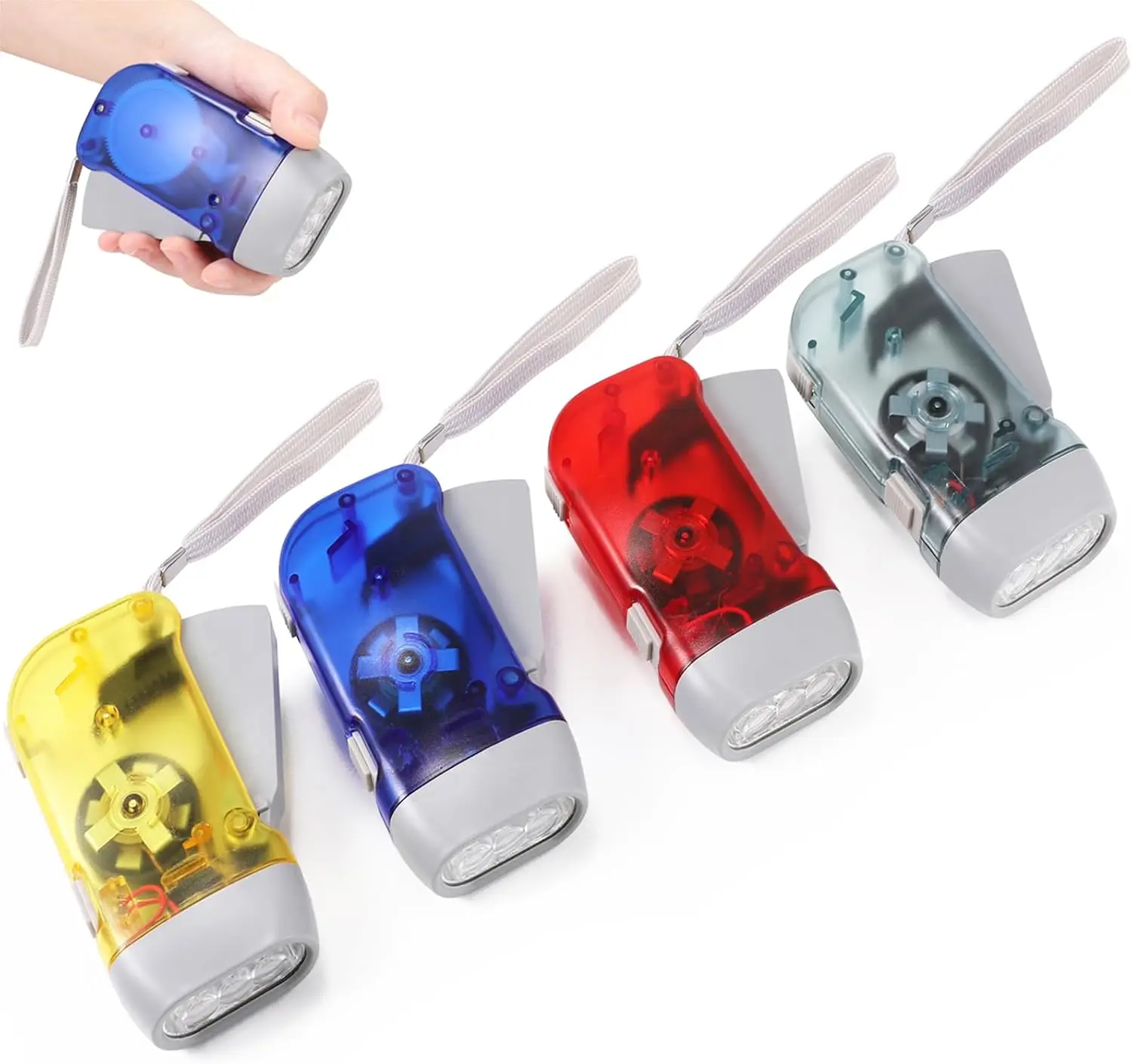 Linterna LED portátil de manivela, autoalimentada, con dinamo de manivela para generación de energía manual, ideal para camping y ciclismo.