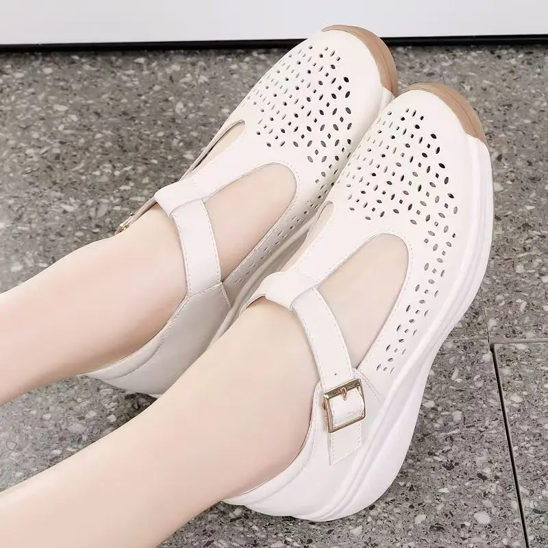

Women Real Leather Hollow Out Big Size Wedges Shoes Summer New Thick Sole Lightweight Breathable Round Toe Cave Sandals