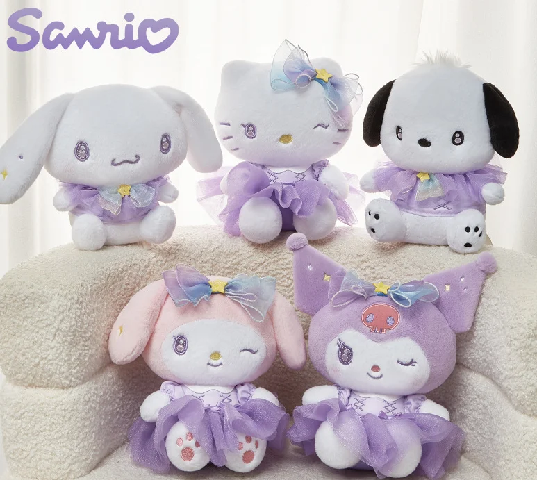 

Sanrio Characters Purple Tulle Dress Plush Dolls Cute Star Bow Stuffed Toys for Gifts Cinnamoroll Hello Kitty Pochacco