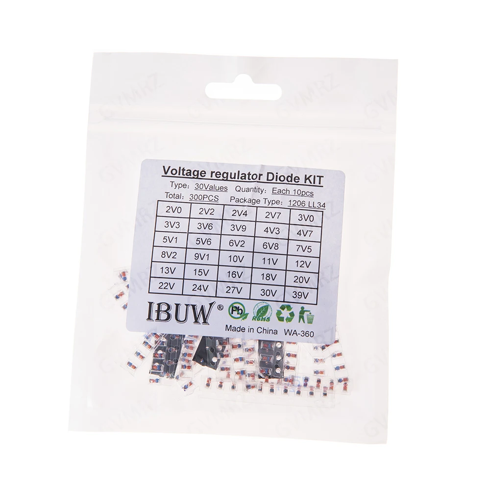 30values 300pcs 7V5 12V 18V 20V 30V 39V 22V 24V LL34 SMD Zener diode package Assorted Kit 1/2W 2v-39v LL34  2V4 2V7 3V0 4V7