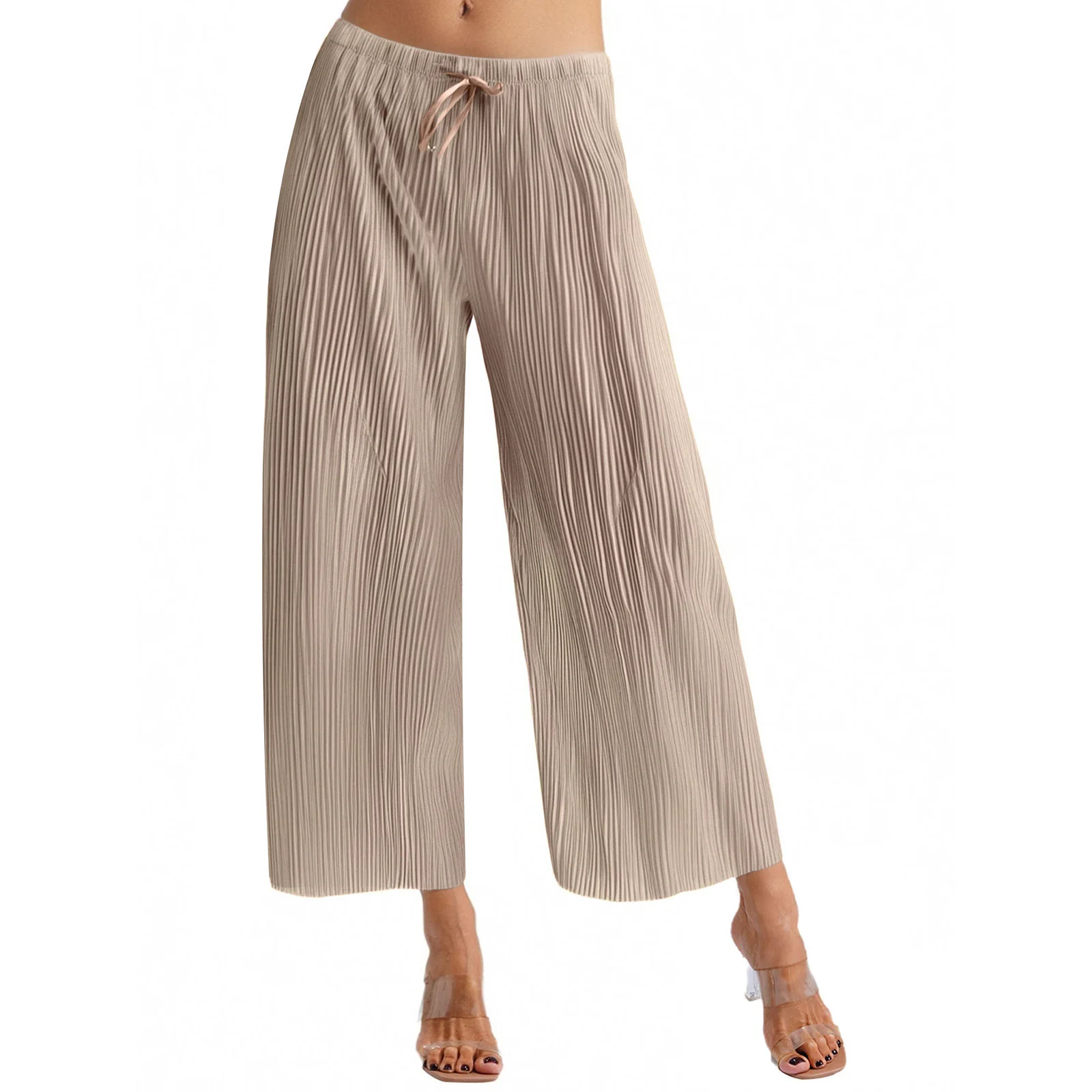 Women Solid Color High Waist Wide Leg Trendy Beach Pull on Elastic Waist Casual Pleated Pants for Casual Daily Wear Commute