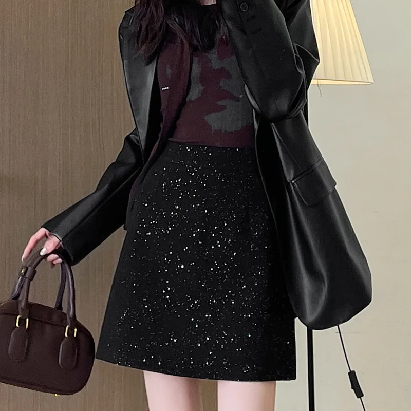Women Woolen Mini Skirt High Waist Chic Sequined Casual A-line Skirt Korean Solid with Inner Lining Anti-bullying Short Skirts