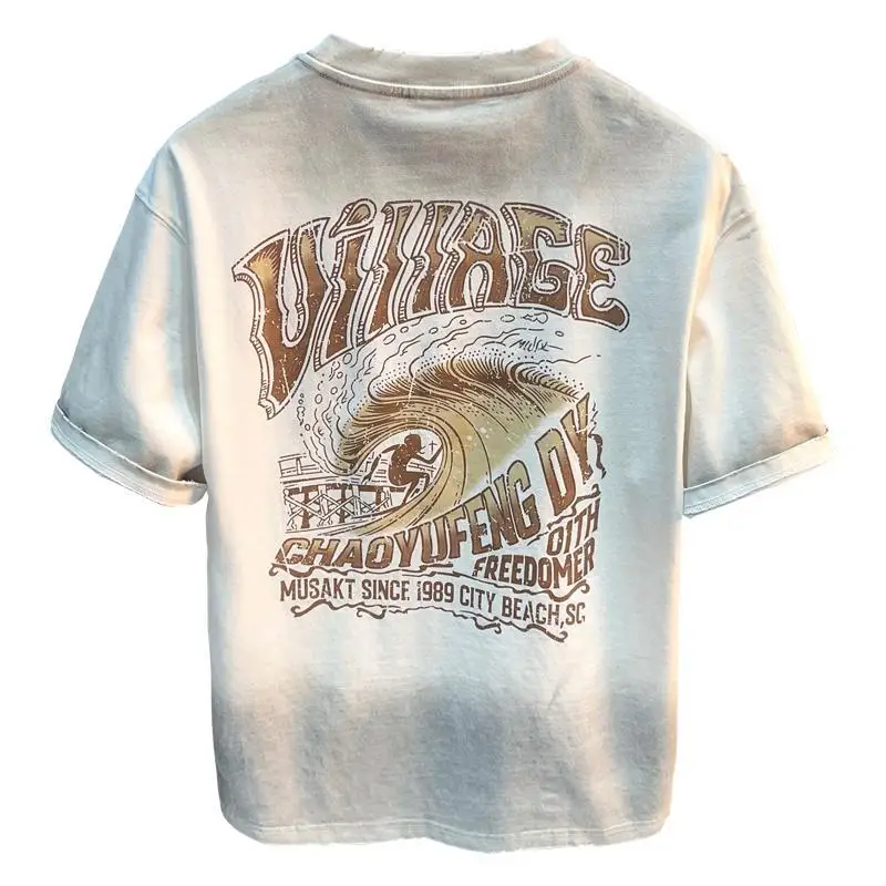 Fashionable retro short sleeved T-shirt men's 2025 summer style street printed round neck half sleeved loose men's top