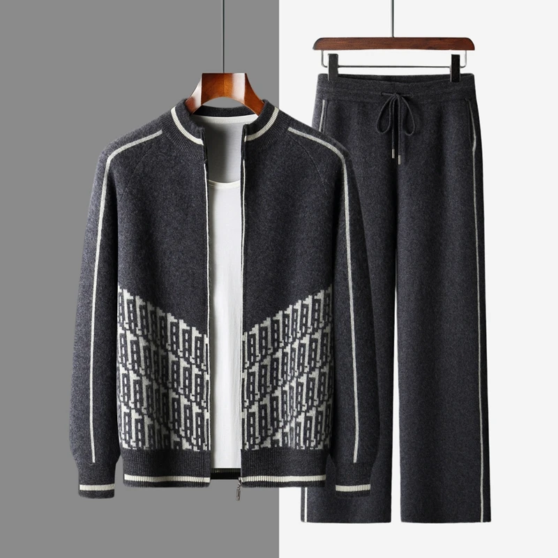 

CHICUU Men's 100% Cashmere Set Zipper Jacquard Cardigan Coat Wide Leg Pants Autumn Winter Thick Warm Cashmere Knitwear Sweater