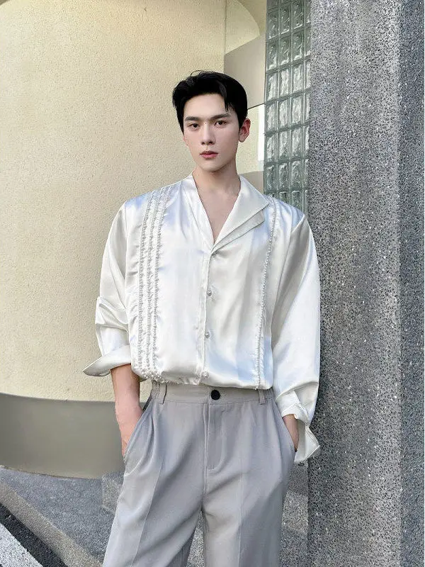 

Handmade Beaded Men's irt Casual Loose Fit Faionable Spring Autumn Silk Blend Youthful Sle Long Sve Button up