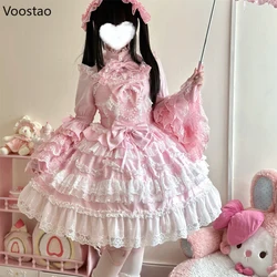 Victorian Sweet Lolita Jsk Dress Women Kawaii Cute Lace Ruffles Flower Wedding Bow Dress Japanese Vintage Elegant Princess Dress