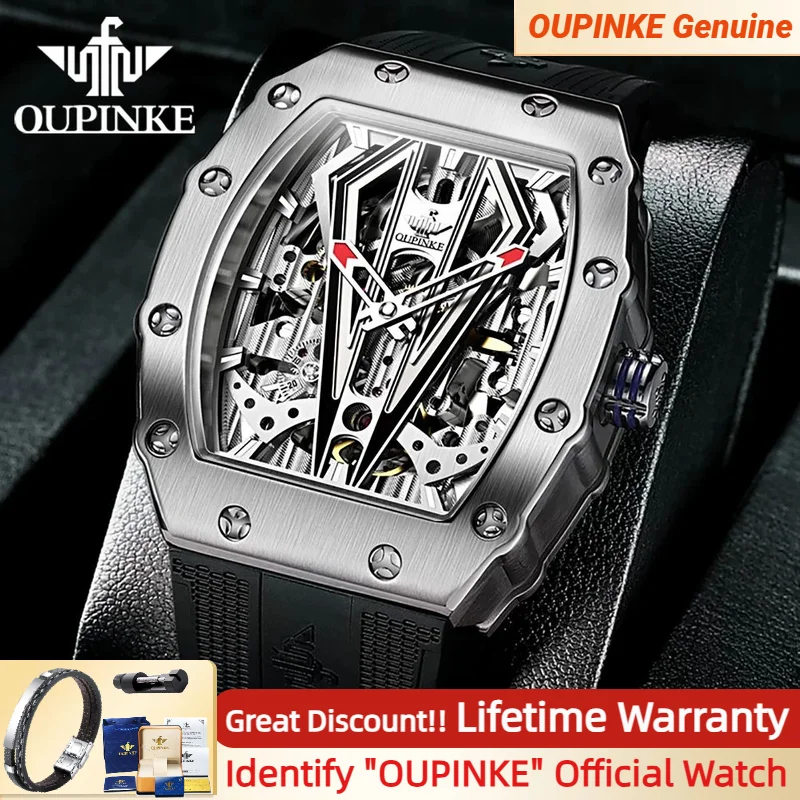 OUPINKE 3179 Automatic Watch for Men Silicone Strap Sapphire Mirror Waterproof Skeleton Mechanical Men\'s Watch Relojes Hombre