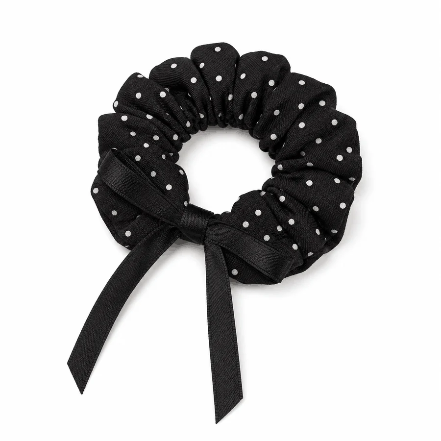 midnight-polka-dot-bow-single-layer-scrunchie-long-tail-elastic-hair-tie-woven-ponytail-holder-handmade-hair-accessory
