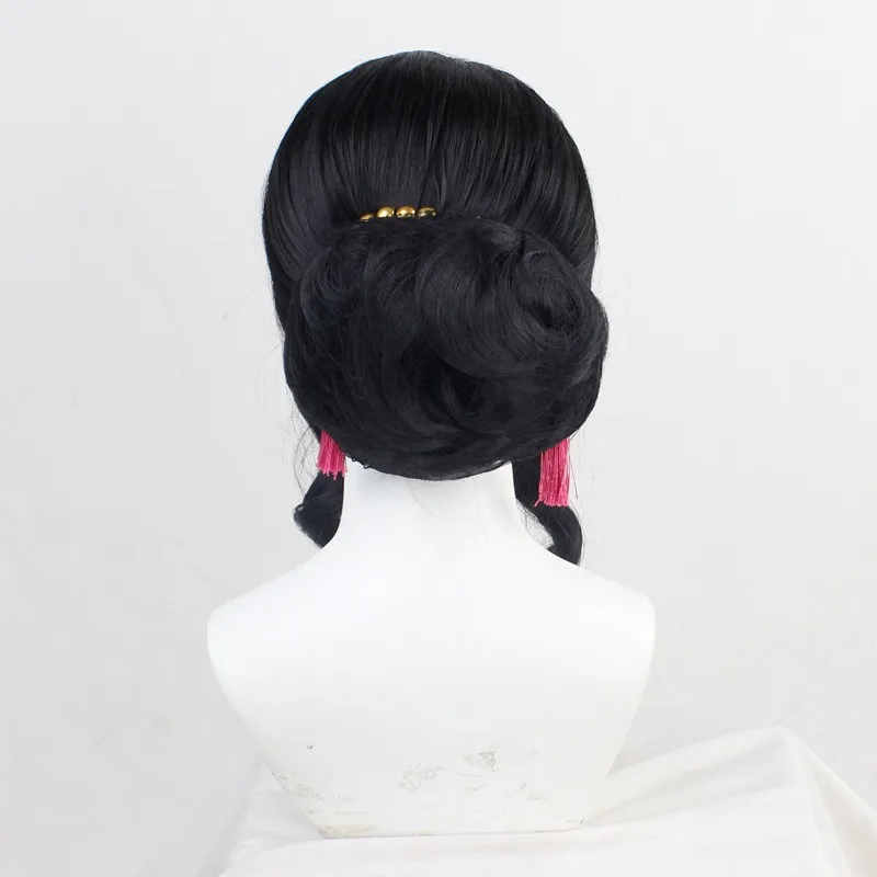 Demon Slayer Kibutsuji Muzan Anime Cosplay Wigs Black Split Ponytail Tiger Mouth Clip Large Hair Bag Synthetic Lolita Wig