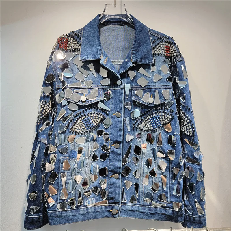 Autumn and Winter New Heavy Industry Sequins Handmade Diamond-encrusted Fashion Jacket Women Loose Retro Denim Jacket