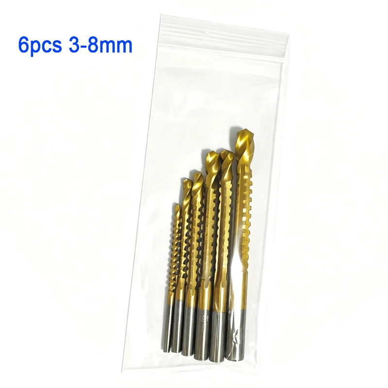 6pcs Integrated Saw Drill Bits Gold Titanium Coated Serrated Twist Wood Drilling Grooving Irregular Hole DIY Woodworking Tools
