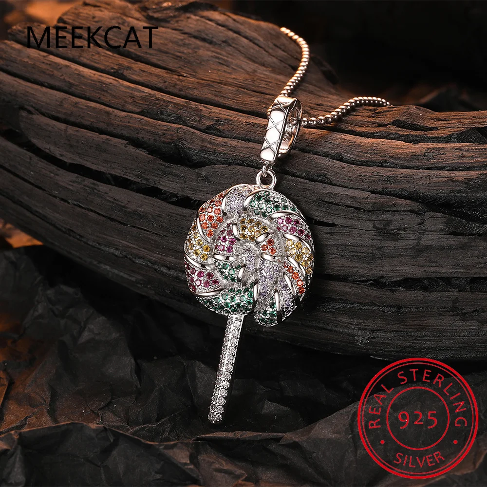 925 Sterling Silver Cute Romantic Rainbow CZ Lollipop Diamond Pendant Necklace For Women Engagement Anniversary Jewelry