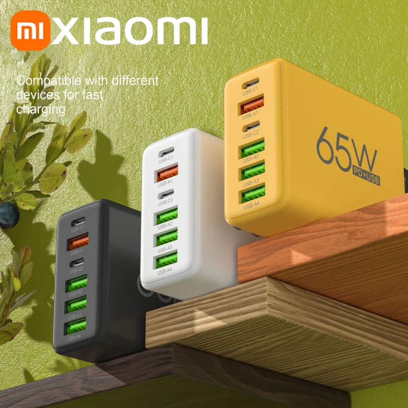 XIAOMI 65W PD3.0 Quick Charging 6-in-1 Fast Wall Charger 4-USB 2-Type-c interface For iPhone Samsung Xiaomi Huawei Oppo