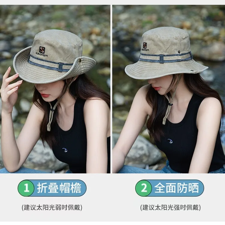 قبعة رعاة البقر الغربية الصيفية للسيدات، قبعة صياد مغسولة عتيقة مع درع شمس برباط للمشي لمسافات طويلة في الهواء الطلق والتسلق ​