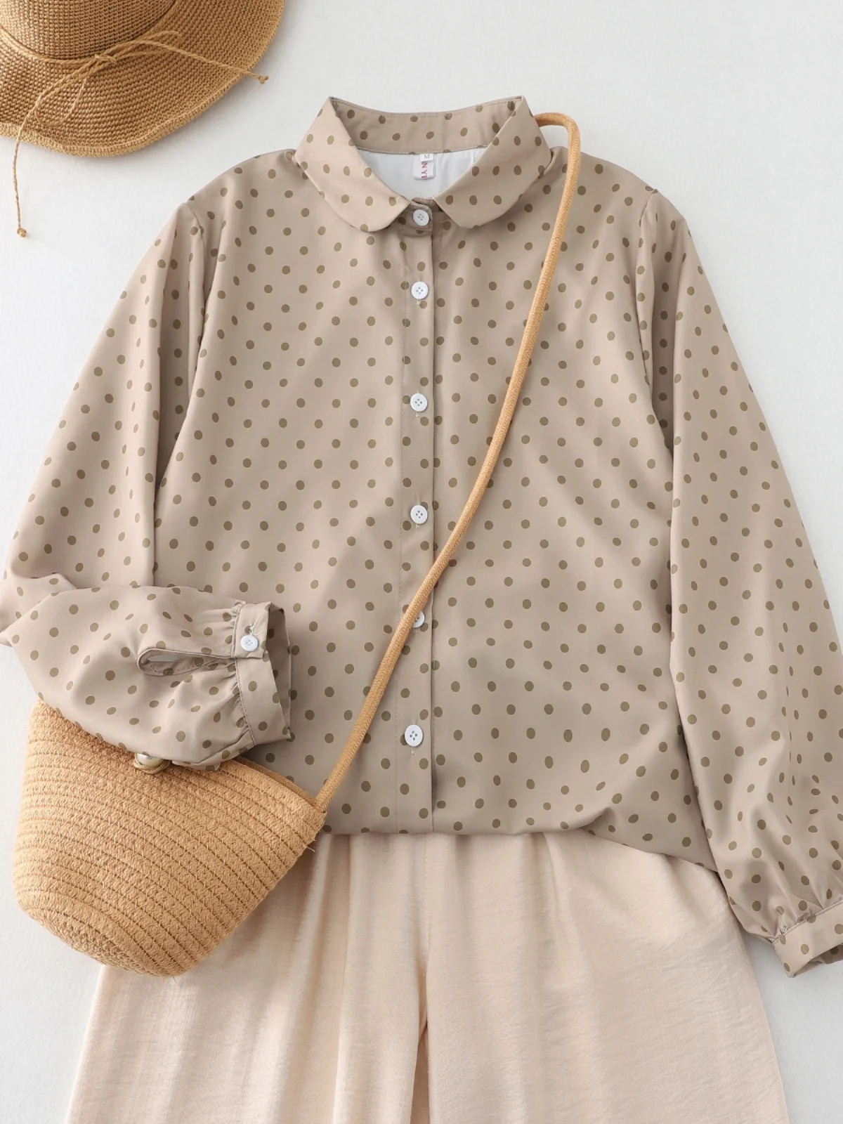 

Retro Polka Dot Anti-Aging Long Sve Women's irt Sli Base Layer Trendy Top Cotton Blend Commute Sle Loose Fit