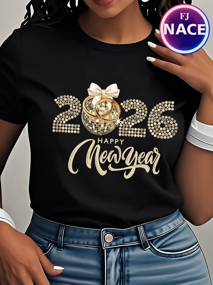 Happy New Year 2026 Women's Letter Print T-Shirt Women's New Year's Eve Celebration Outfit Welcome 2026 Casual Short-Sleeve