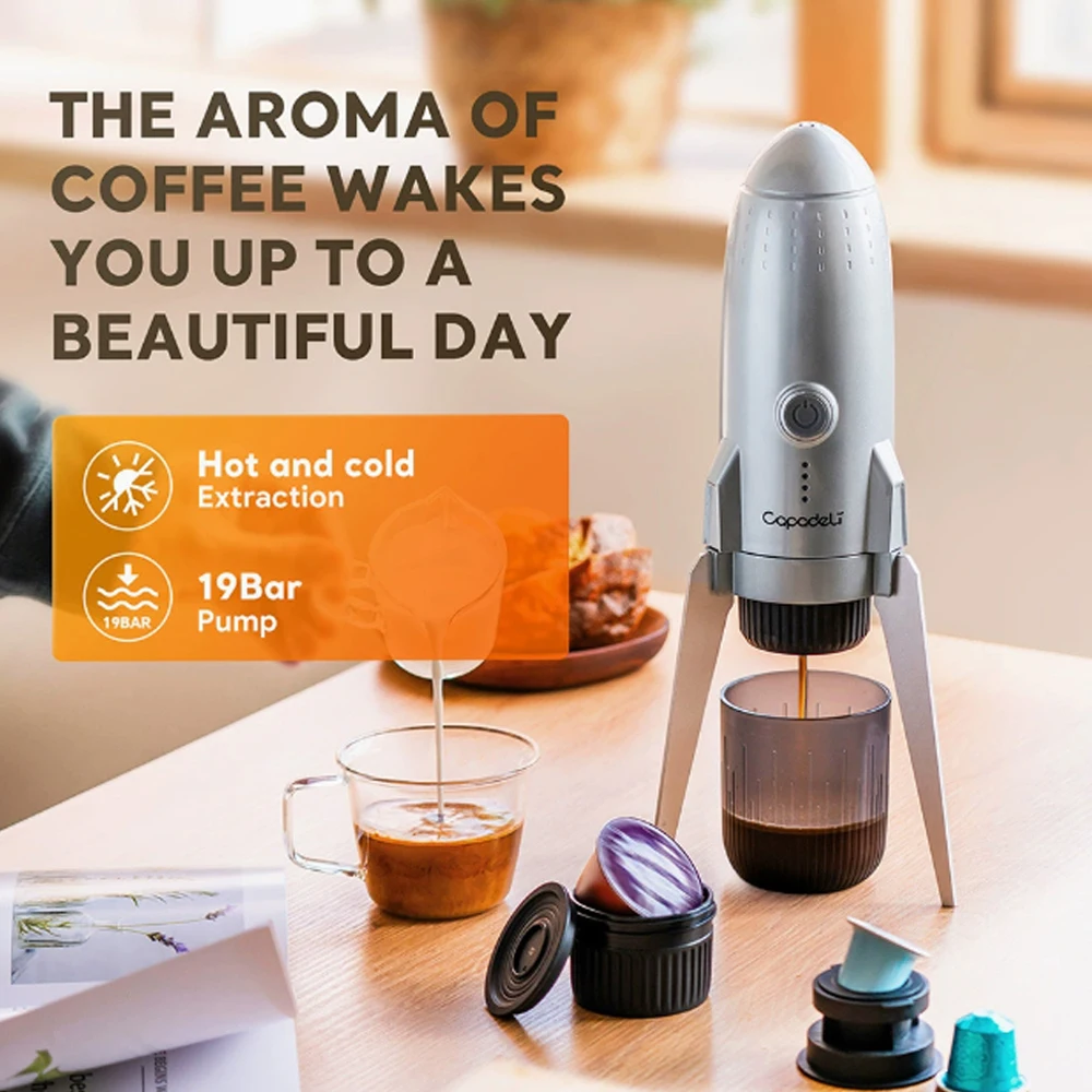 

Portable 3-in-1 Rocket Shaped Wireless Capsule Espresso Coffee Machine with Heating Function for Indoor/Outdoor Use