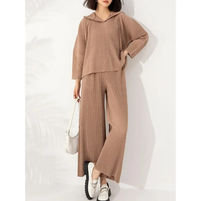 GGHK Miyake Pleated Women 2 Piece Set Pure Color Vintage Hooded Design Top High Waisted Loose Wide Leg Pants Female New Set