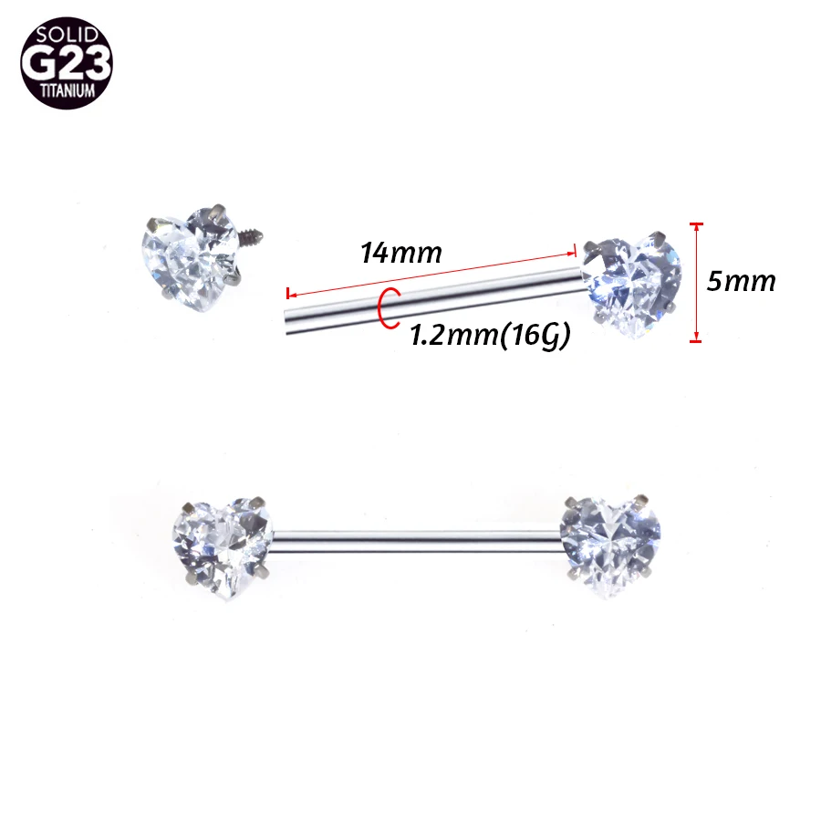 F136 Titanium Nipple Barbell PIERC Heart CZ Round 5mmm 1.2x14mm Nipple nails Ring Bar Piercing Internally Threaded Sexy Jewelry