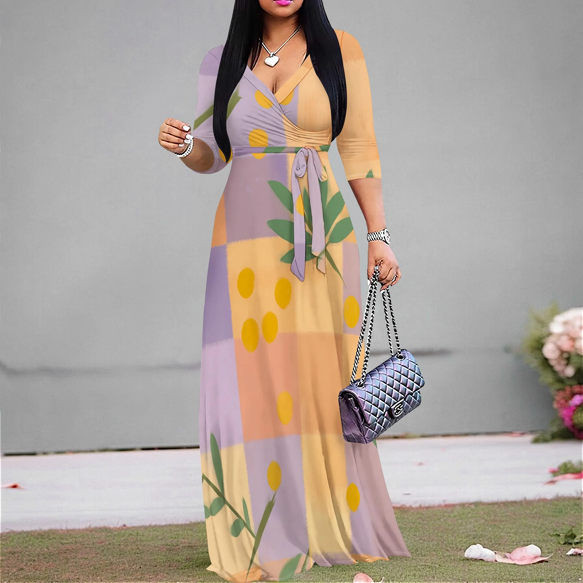 

Pastel Leaf Print Maxi Dress S-3XL V-Neck Wrap Style with Belt & 3/4 Sleeves for Spring Brunch, Garden Walk or Mother's Day Look