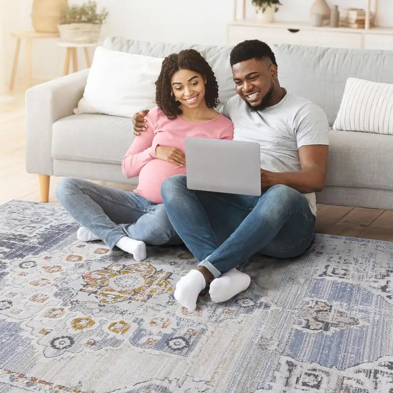 سجادة منطقة ميدالية أنيقة غير قابلة للتساقط لغرفة المعيشة وغرفة النوم وغرفة الطعام والمكتب المنزلي - كريمي وذهبي، مقاومة للبقع، #4