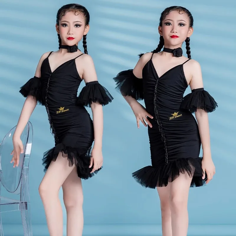 2024 nuovi bambini vestito da ballo latino cinturino esame concorso pratica di danza set di costumi per gonna da ballo latino estiva per ragazze