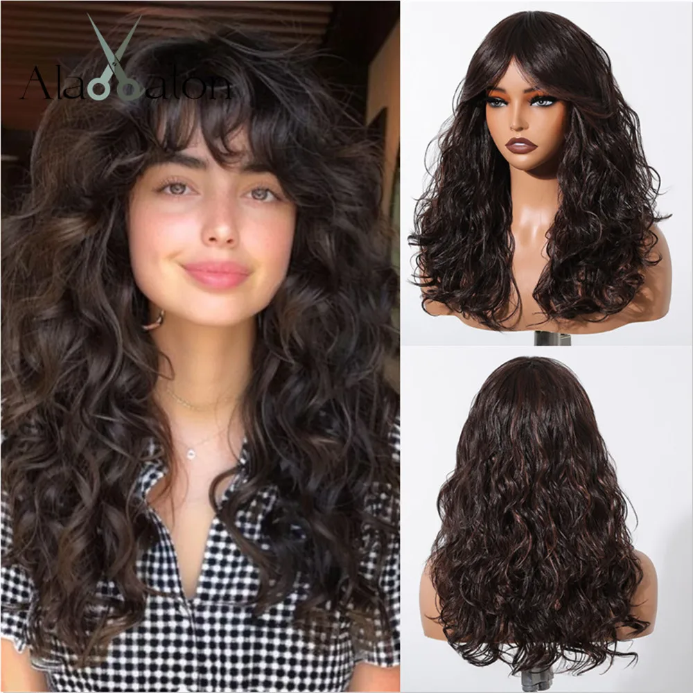 ALAN EATON Brown Synthetic Curly Wig with Bangs for Women Natural Highlight Hair for Daily High Temperature Soft Party Wig