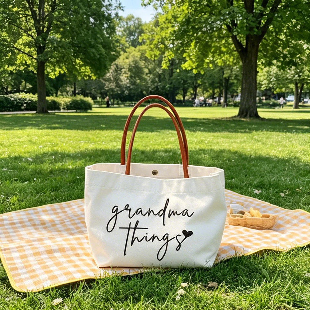 Smart Canvas Tote Bag Custom Grandma Things Text Print Practical Parent Users Daily Outing Daily Sundry Arrangement Gift