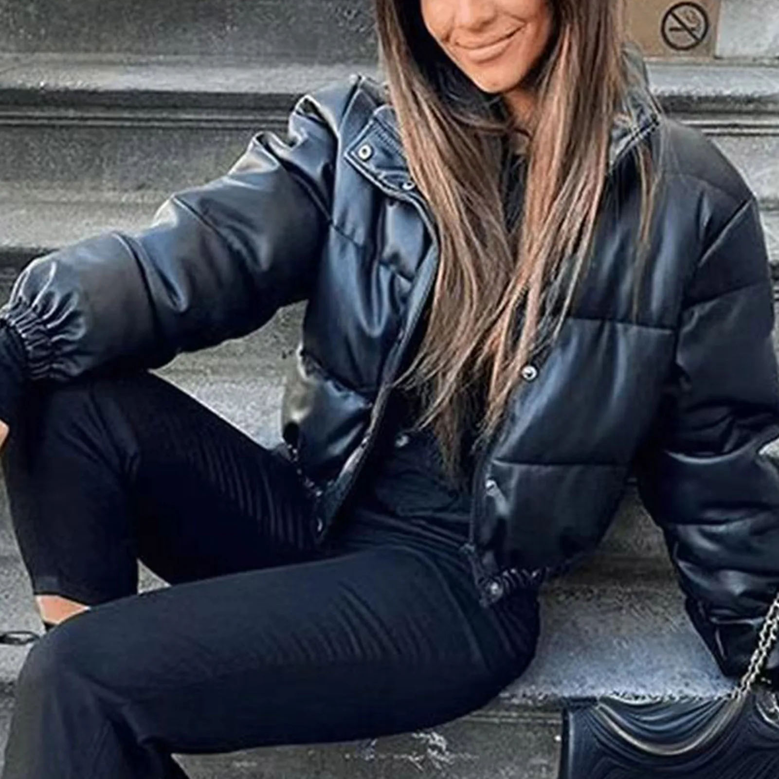 Winter Long Sleeve Jackets PU Leather Long Sleeve Puffer Jacket  with Shirt Tops Leggings