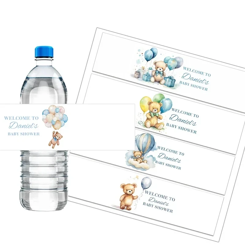 Custom Cute Teddy Bear Water Bottle Labels Sticker Baby Shower Baby Girl Boy Birthday Baptism Label Personalized Gender