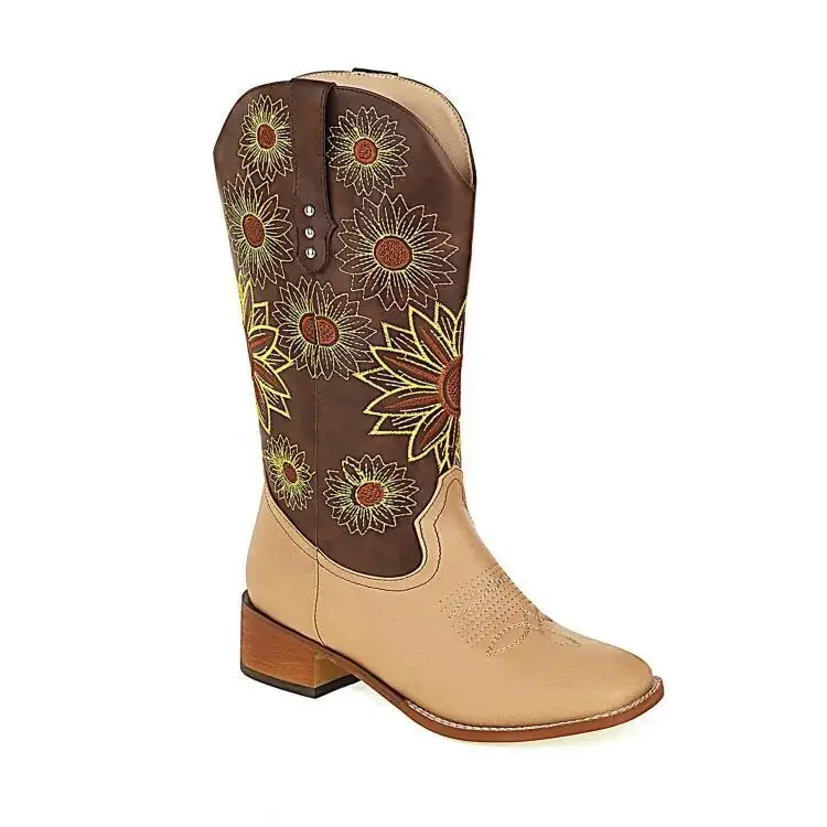 Vintage Embroidered Sunflower Western Cowboy Boots Square Heel Pointed Toe Rider Boots Slim New Plus Size Women's Boots 35&43