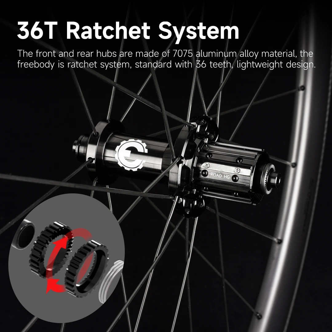 ELITEWHEELS Carbon Wheels 700c Road Bike 3K Twill Brake Surface Clincher Tubeless Ratchet System 36T Straight Pull Hub SLR