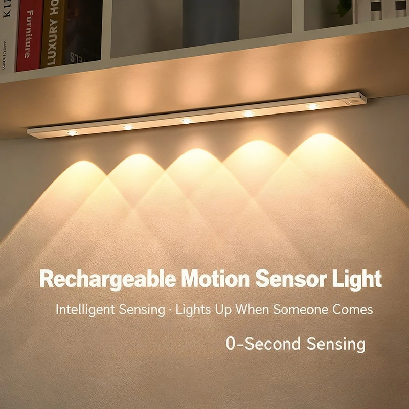 Smart LED Motion Sensor Light Strip - Thin Cat-Eye Hill Design, Rechargeable Self-Adhesive for Wardrobe/Wine Cabinet/Cabinet
