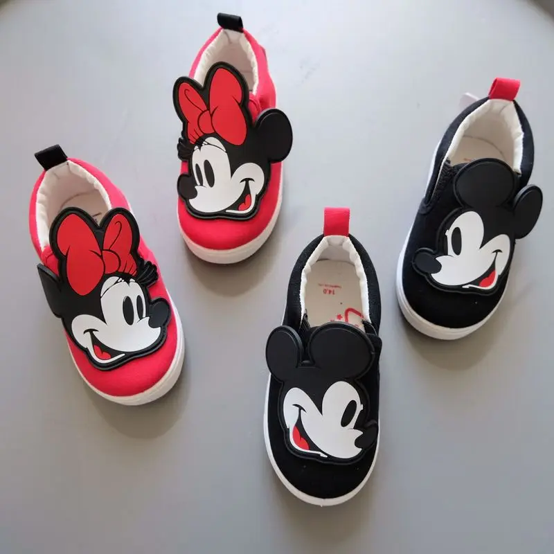 Disney Minnie Mouse Baby Kid\'s Canvas Shoes Cartoon Mickey Minnie Shoelace Soft Sole Anti-slip Outdoor Casual Canvas Shoes