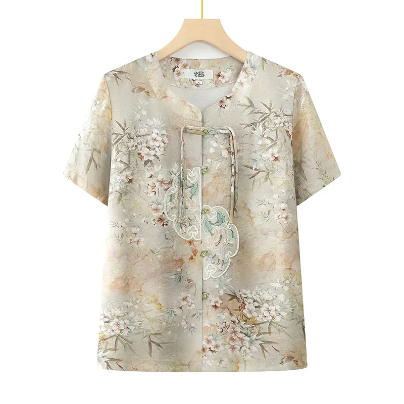 

Женский комплект из двух предметов с цветочным принтом в китайском стиле: вышитый топ с коротким рукавом и брюки, повседневный наряд