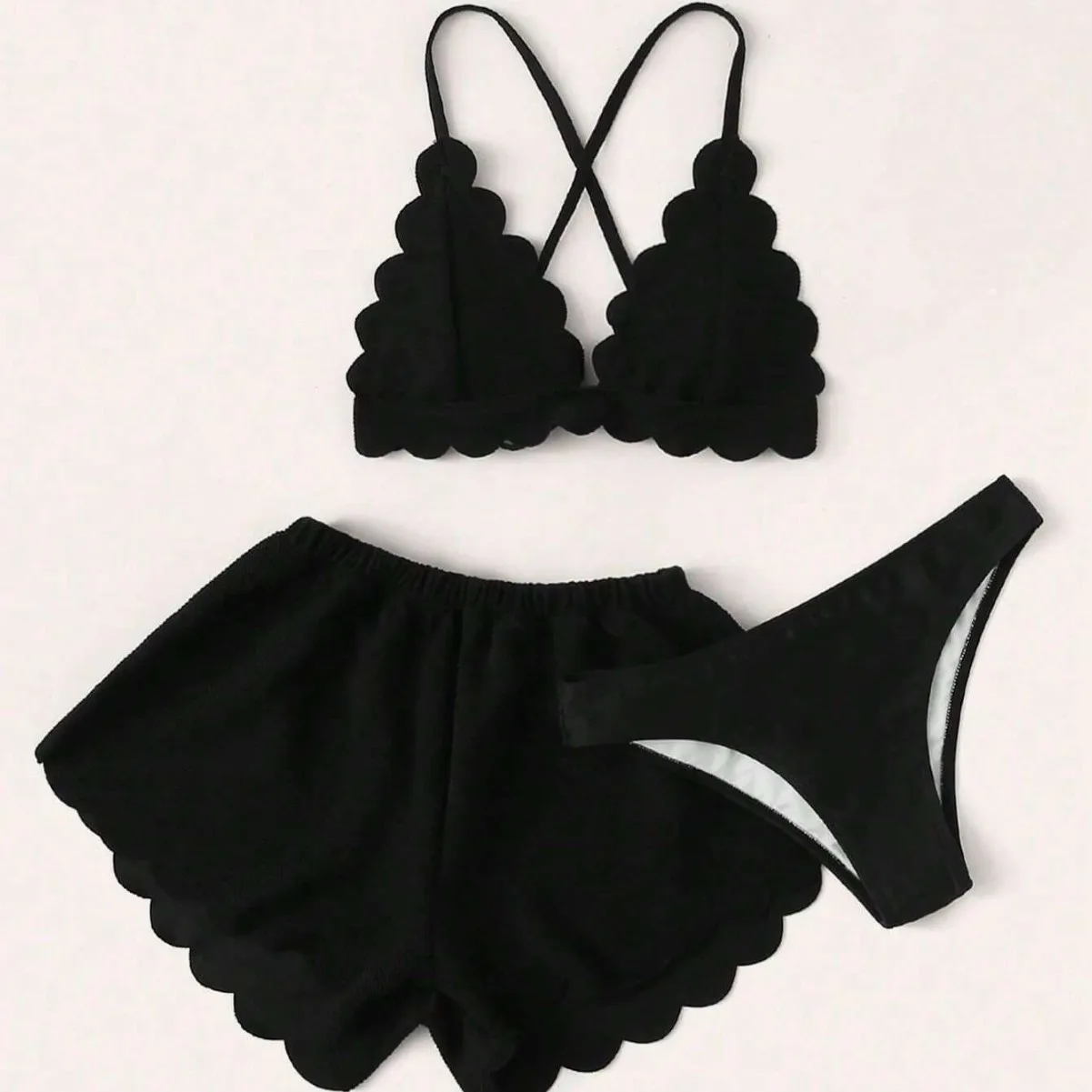 Solid Color 3 Piece Bikinis Set Women with High Cut Bottoms Beachwear​ Split Swimwear Wave Edge Swimsuit Vacation Bathing Suit