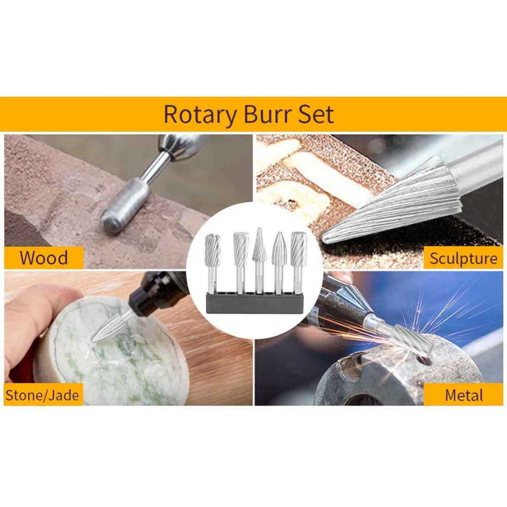 5PCS High speed steel Rotary Burr Files Silver Compact Rotary File Tools Multi Material Cutting Special Shaped