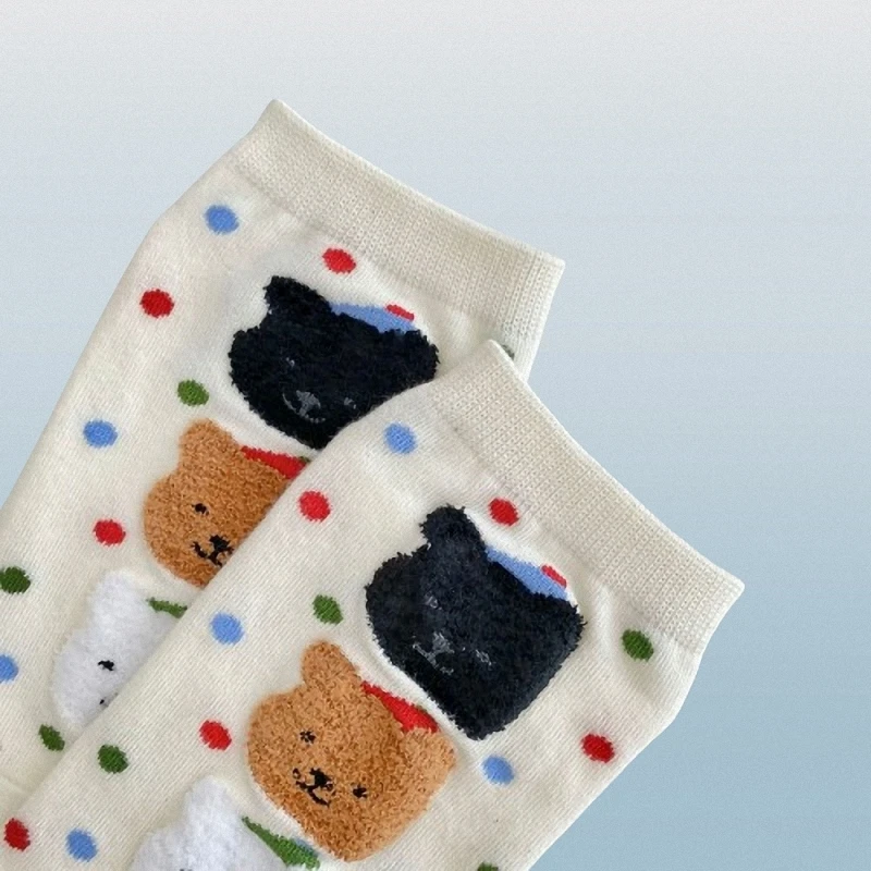 4/8 Paris Fashion Cute Cartoon Student Socks Flocked Bear Polka Dot Socks For Women Spring And Summer Thin Boat Socks