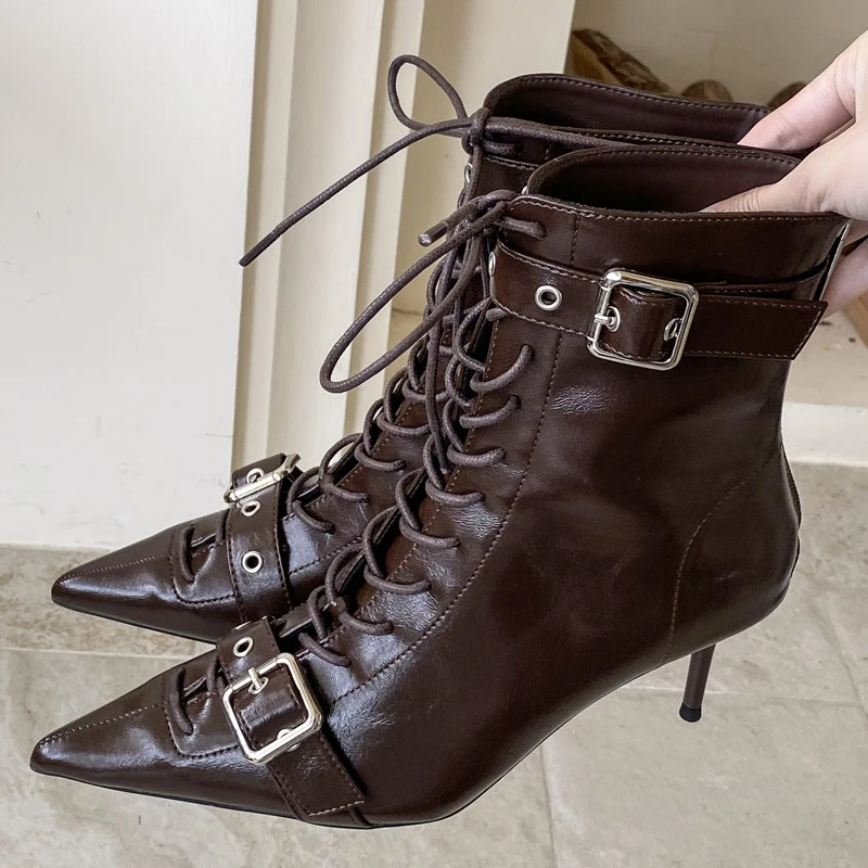 

Eilyken/Новые пикантные женские ботильоны на тонком каблуке со шнуровкой, модные вечерние модельные туфли на молнии с острым носком, женская обувь