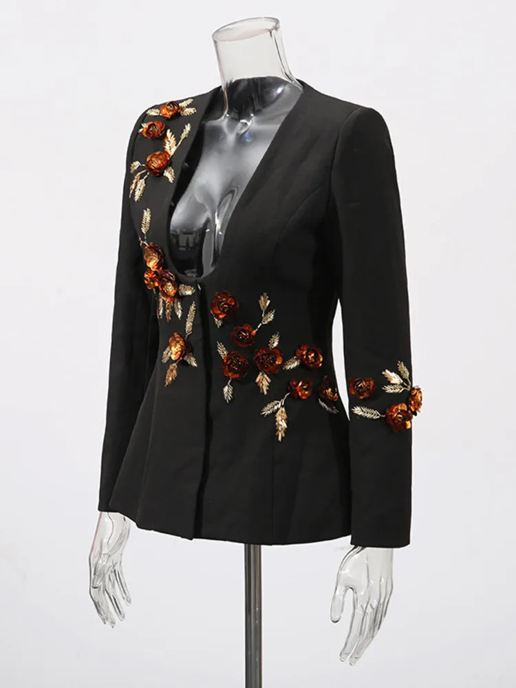 ZMEENNA المرأة السوداء الأزهار السترة العميق U الرقبة دعوى سترة طويلة الأكمام أنيقة ملابس خارجية للحفلات تناسب شيك قمة الموضة ZM3219