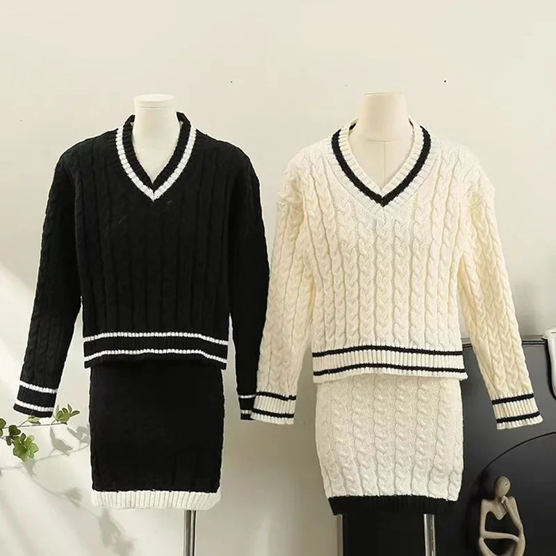 Women Winter Set Casual Long Sleeved Knit Tops Skirt Set Loose Sweater and High Waist Bodycon Mini Skirt Fall Preppy Style Suit