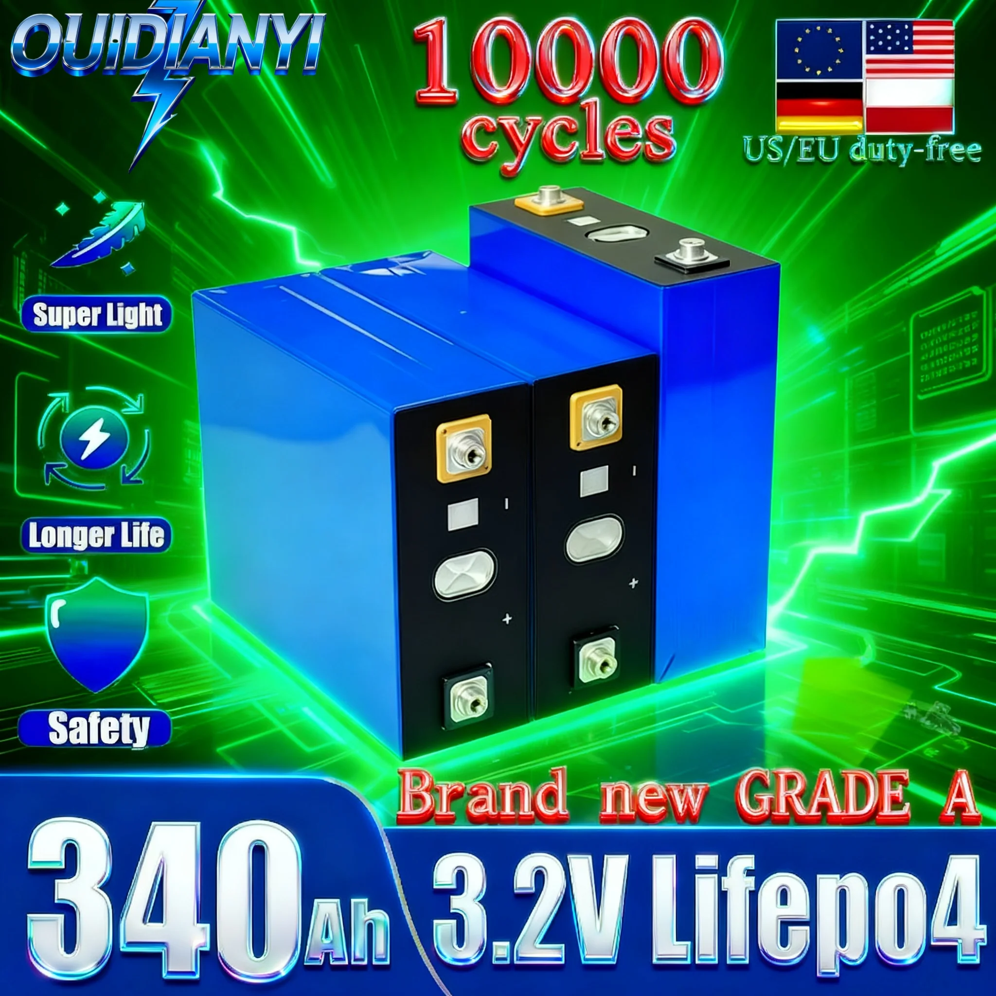 

【Battery Factory】OUDIANYI 3.2V 340AH Lifepo4 Battery 4-16PCS Grade A Brand New 12V 24V 48V Rechargeable Batteri Stora