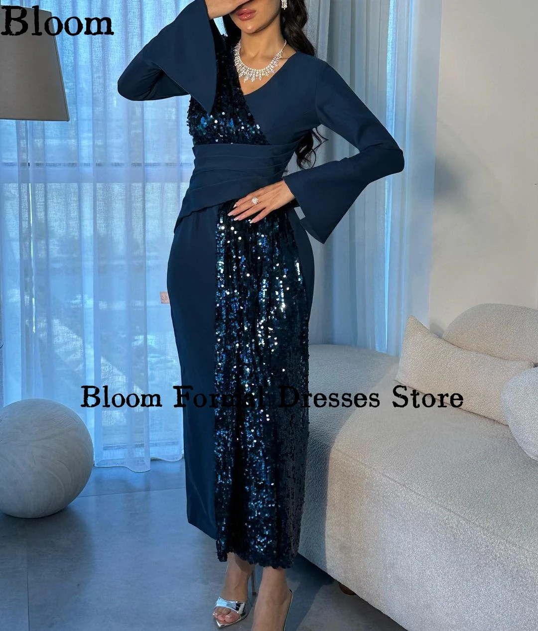 

Bloom Customized Navy Blue Elegant Prom Dresses Sequins Satin Long Flare Sleeves Arabia Evening Dresses Wedding Party Dress