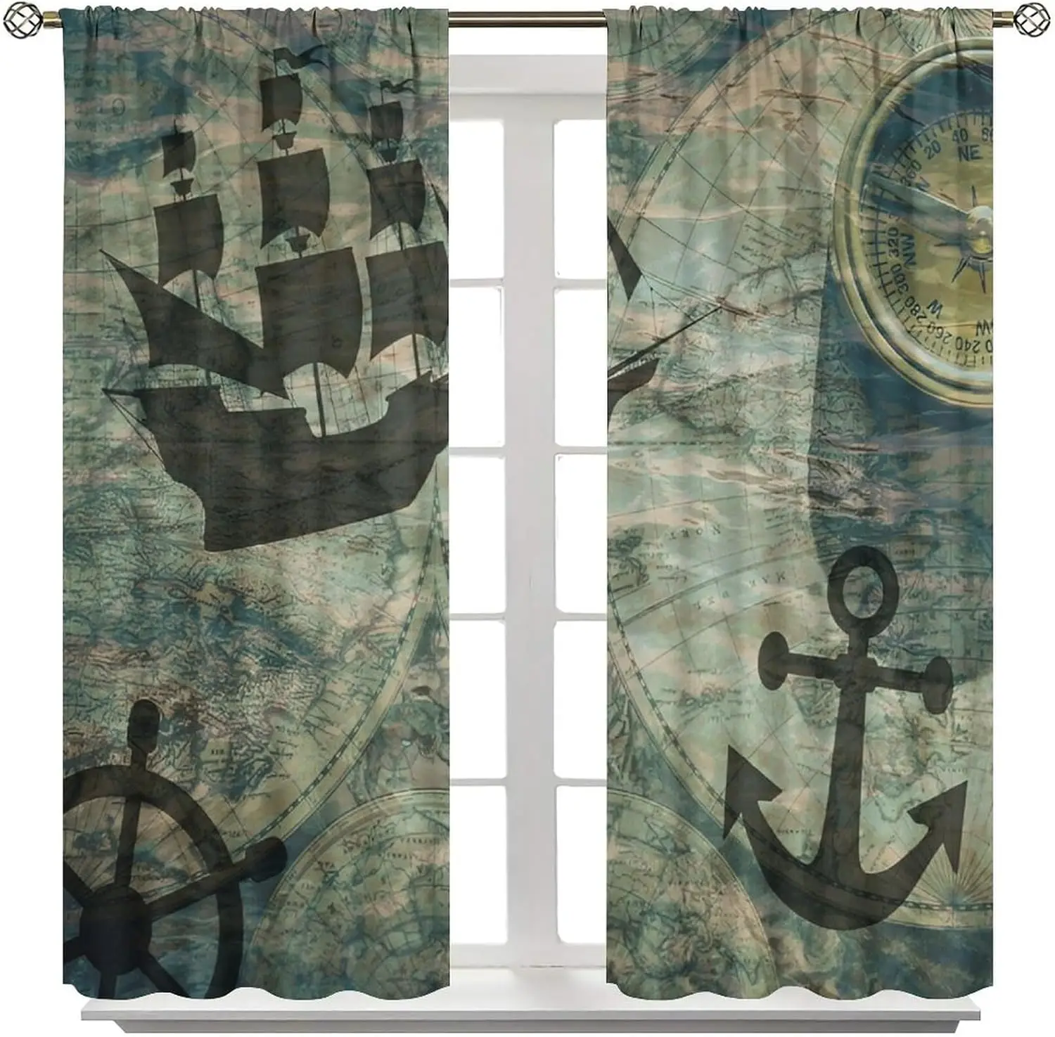 Vintage Nautical Curtains, Pirate Ship Compass Wheel Motifs Map Mid Century Sailing Decor Window Drapes for Bedroom Living Room